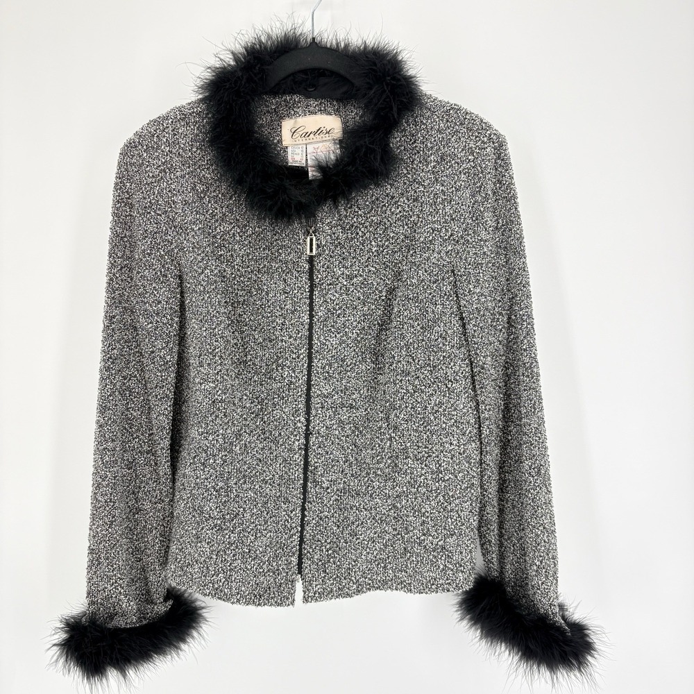 Vintage Cartise Sweater Jacket Womens 10 Black Zip-Up Fur Collar Removable VTG